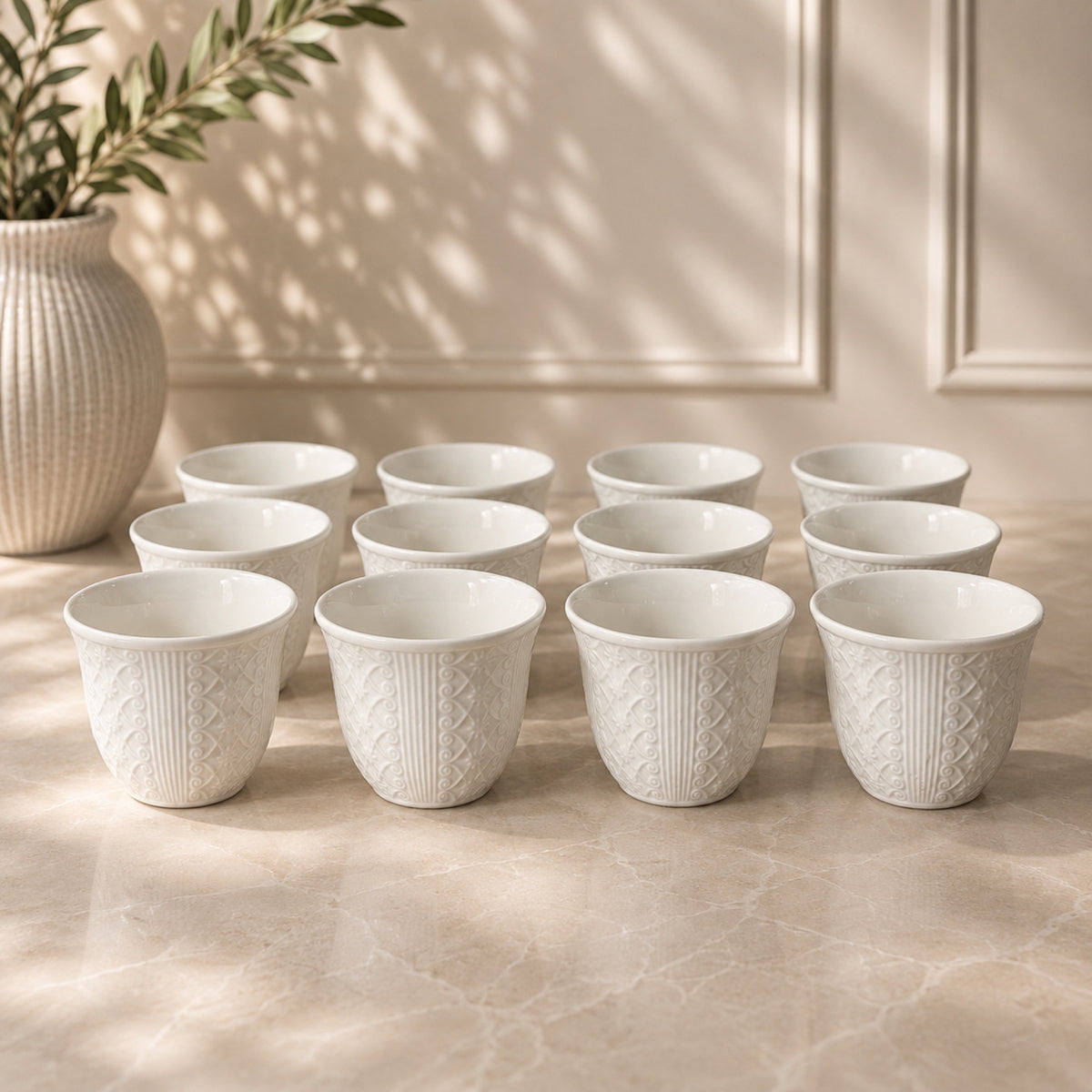 Embossed White Cawa Cup Set – 12 Pieces