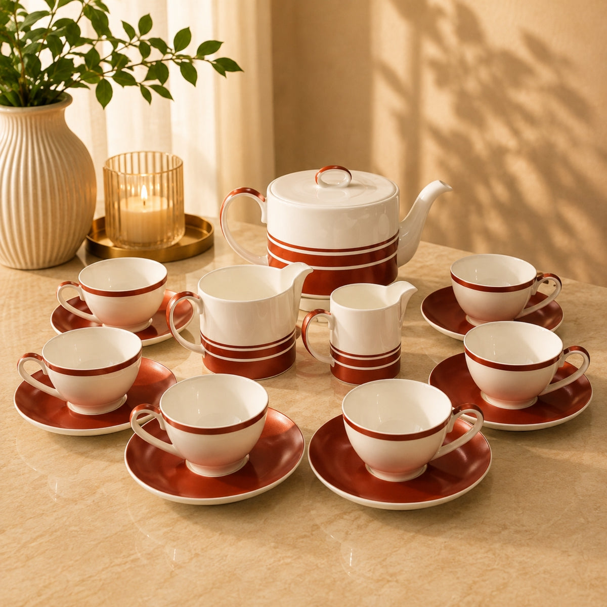 15-Piece Coffee Cup & Saucer Set with Teapot & Creamers – 200ml Red & White
