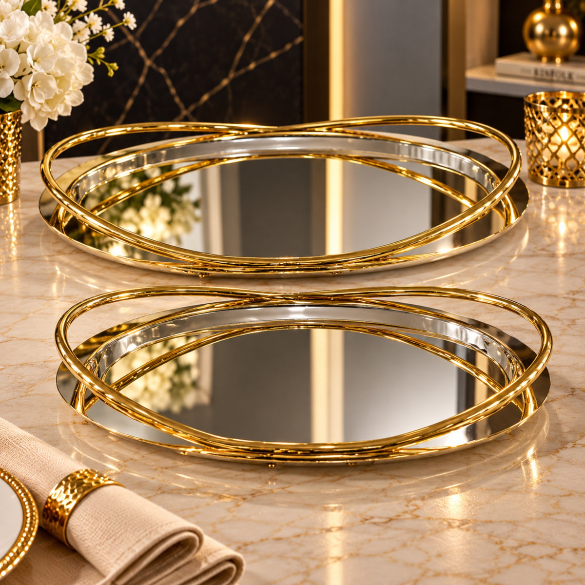 Luxury Round Mirror Serving Tray 2-Piece Set – Gold & Silver Finish