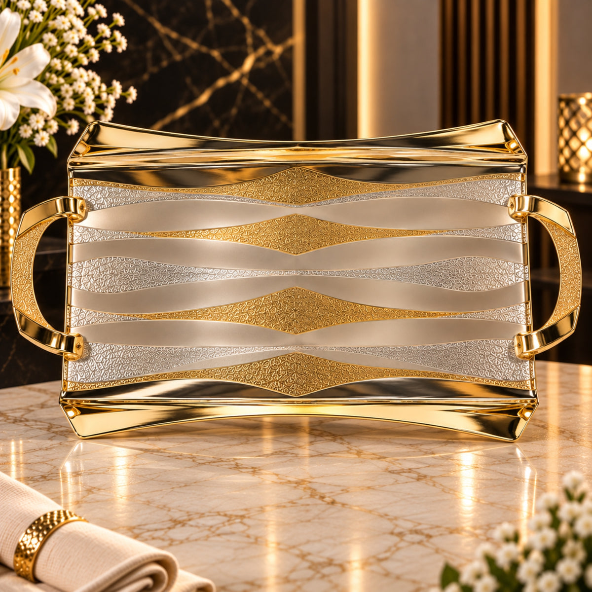 FG78N Luxury Silver-Plated Rectangular Serving Tray 2-Piece Set with Gold Accents