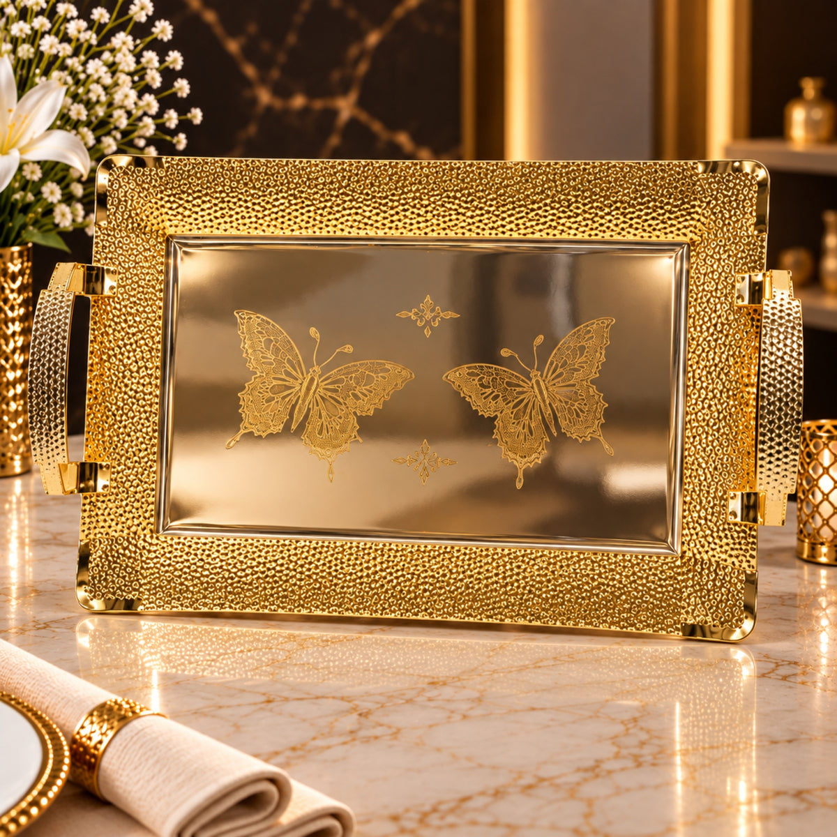 Luxury Silver-Plated Rectangular Serving Tray 2-Piece Set with Gold Butterfly Design