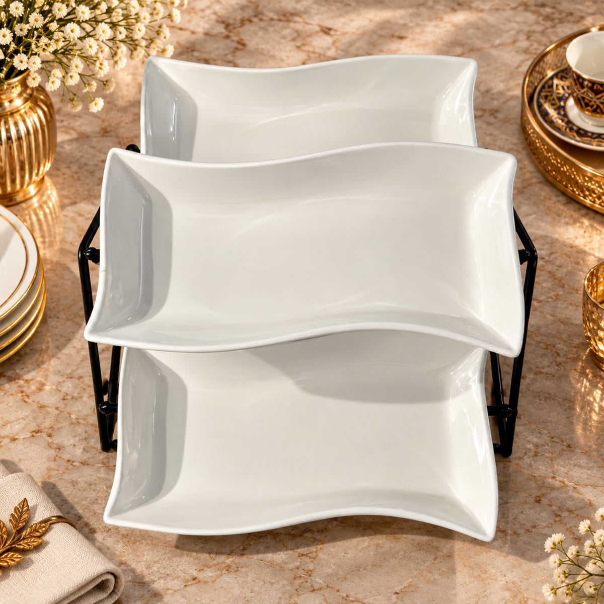3-Piece Rectangular Serving Plate Set with 2-Tier Black Metal Stand – White