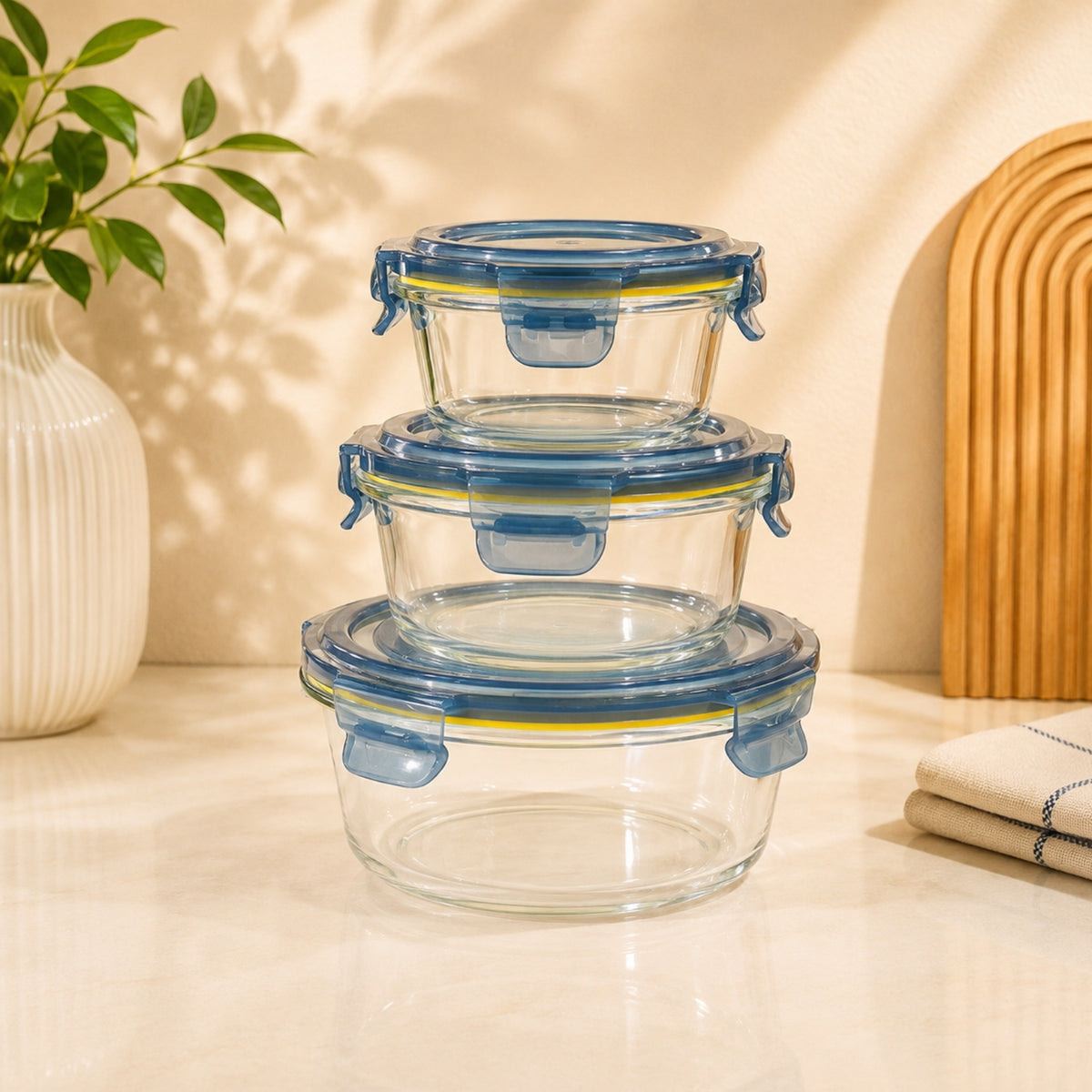 Lexian Round Glass Lunch Box Set – 3 Pieces | 370ml, 630ml & 930ml