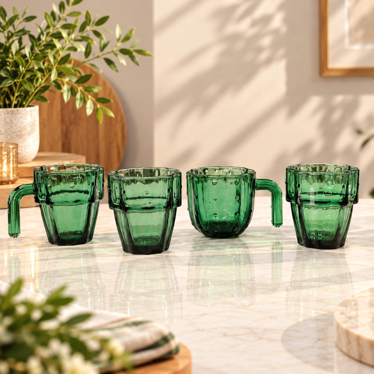 Cactus Green Glass Cup Set – 4 Pieces