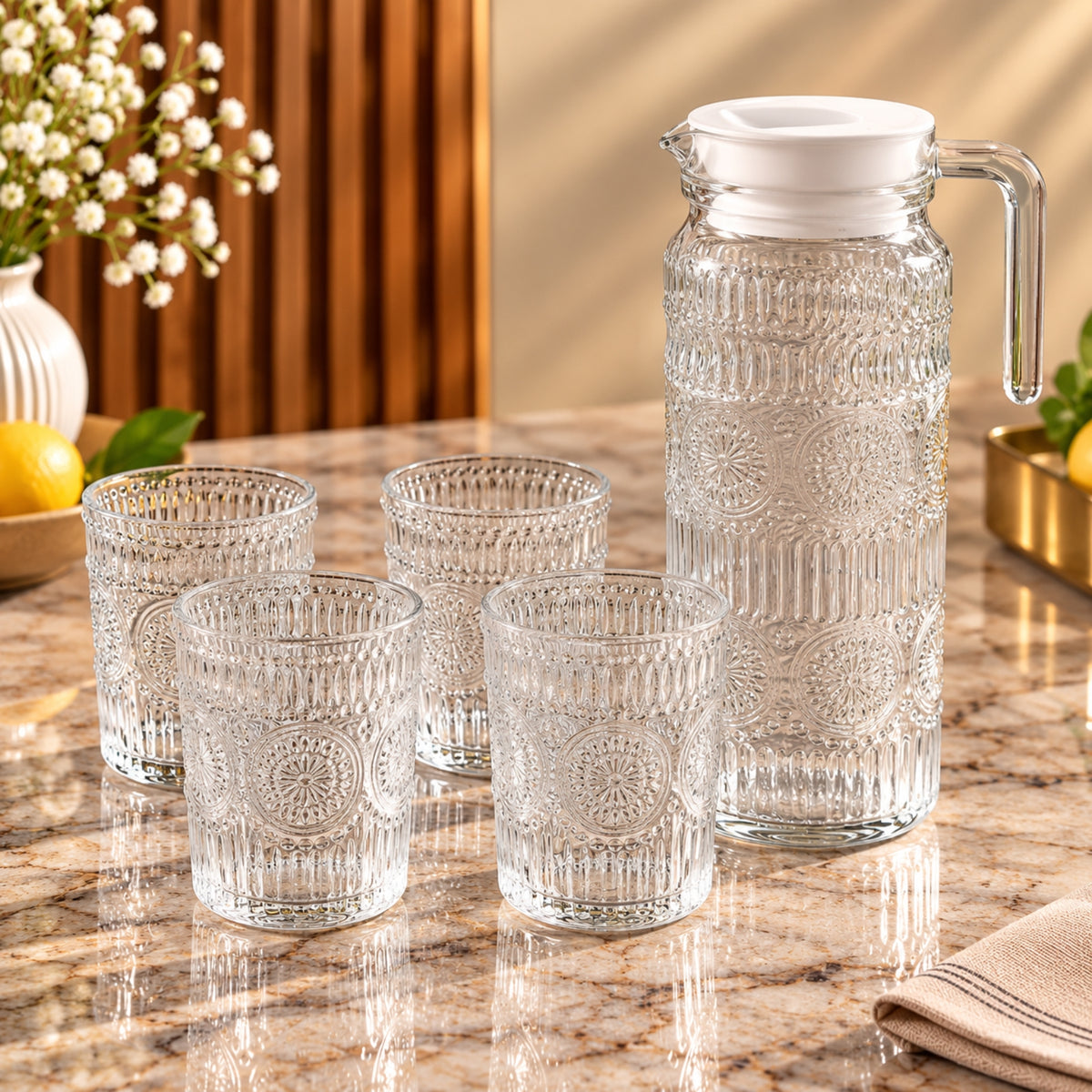 Sunflower 5-Piece Glass Water Set – 1 Jug + 4 Cups