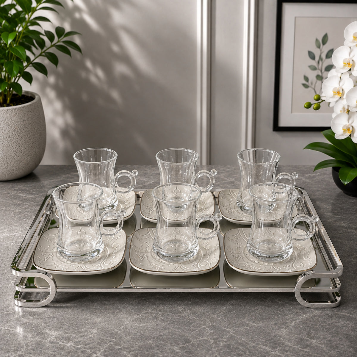 Clear Glass Tea Cup & White Saucer Set 12 Pieces