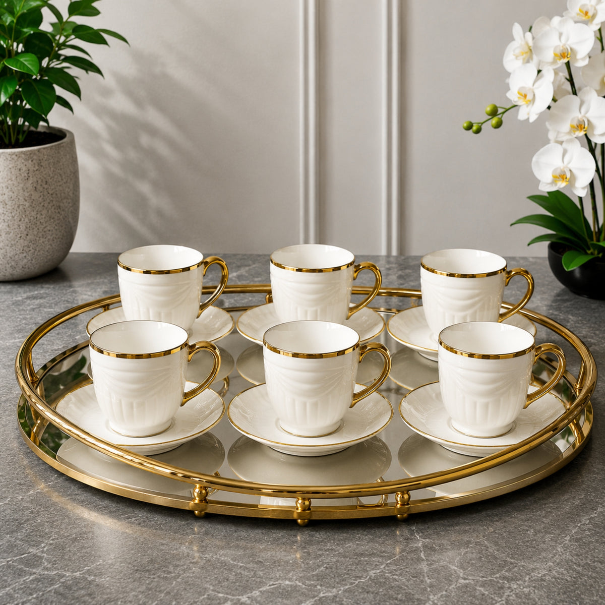 White & Gold Embossed Tea Cup & Saucer Set 12 Pieces | PR213
