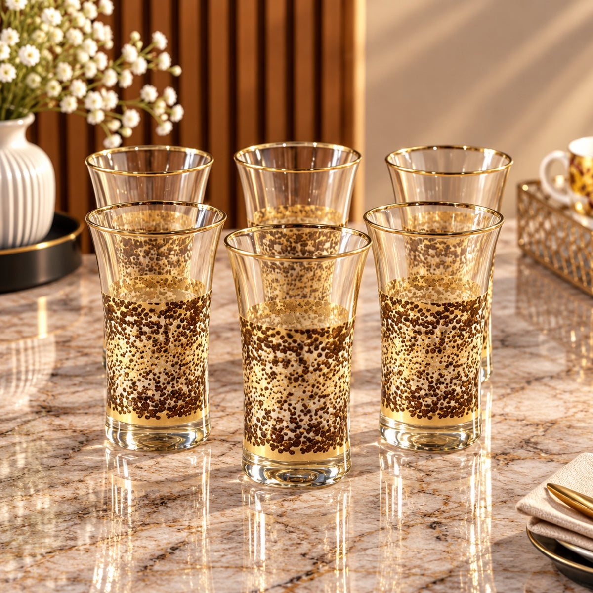 By Arts Azur 6-Piece Soft Drink Glass Set – Blue & Gold Design