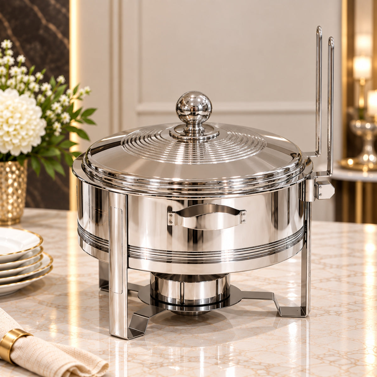 Premium Silver Round Chafing Dish with Hinged Lid – 4L, 6L & 8L