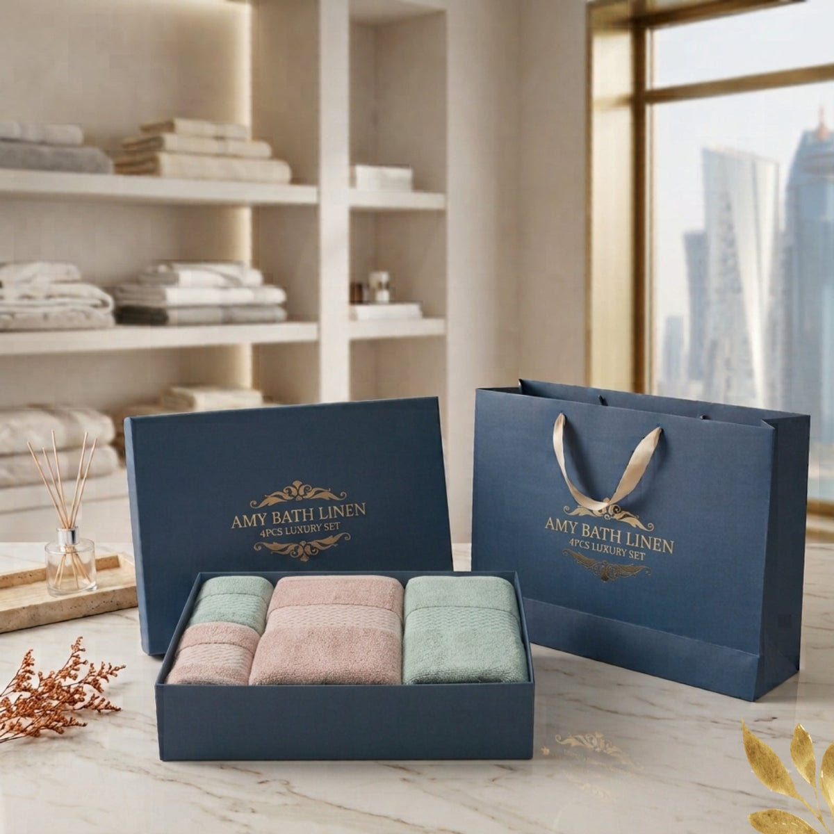 AMY 4 Piece Luxury Cotton Bath Towel Set – Premium Bath Linen Gift Set
