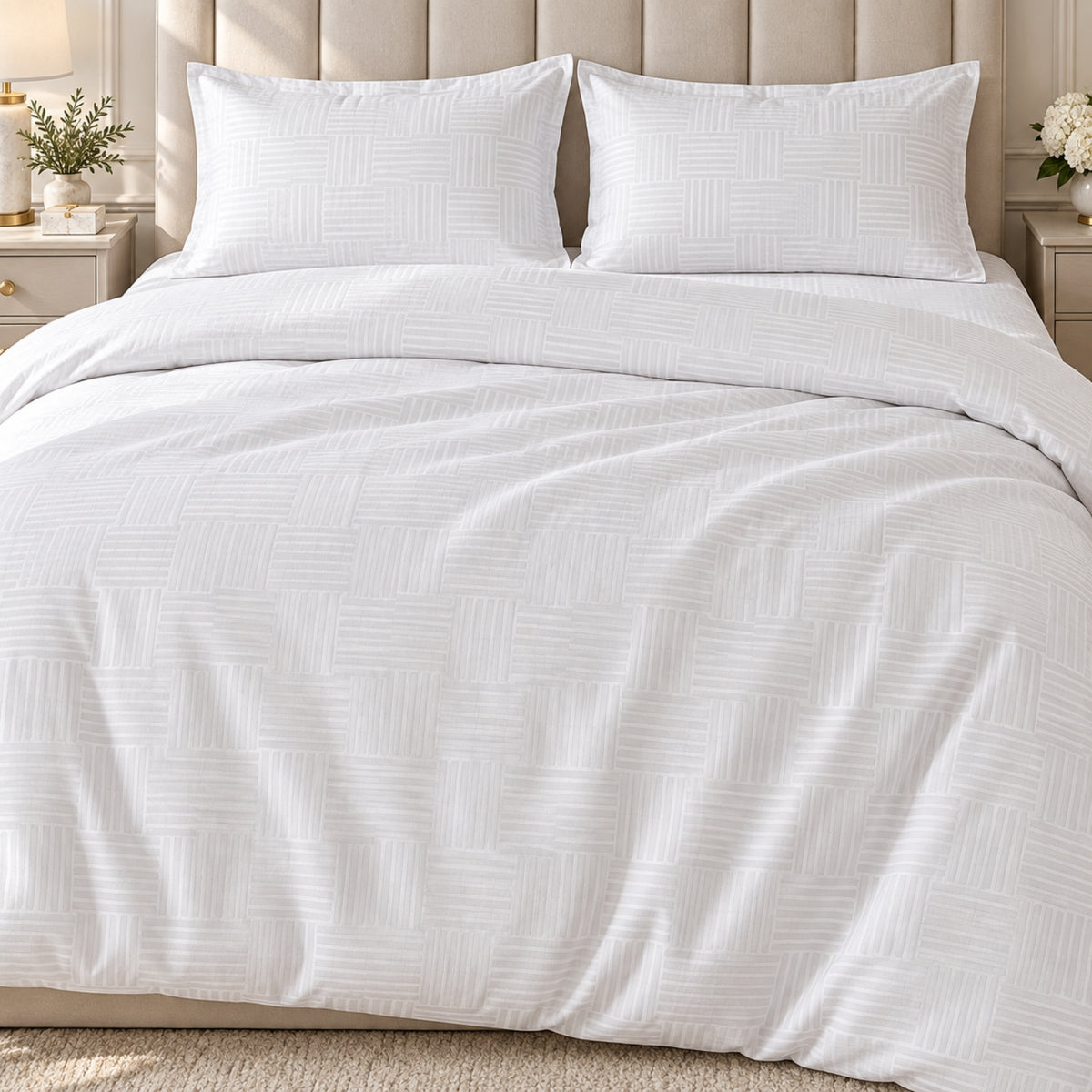 Premium White Geometric Linen King Size 4-Piece Bedding Set – 220 × 240 cm