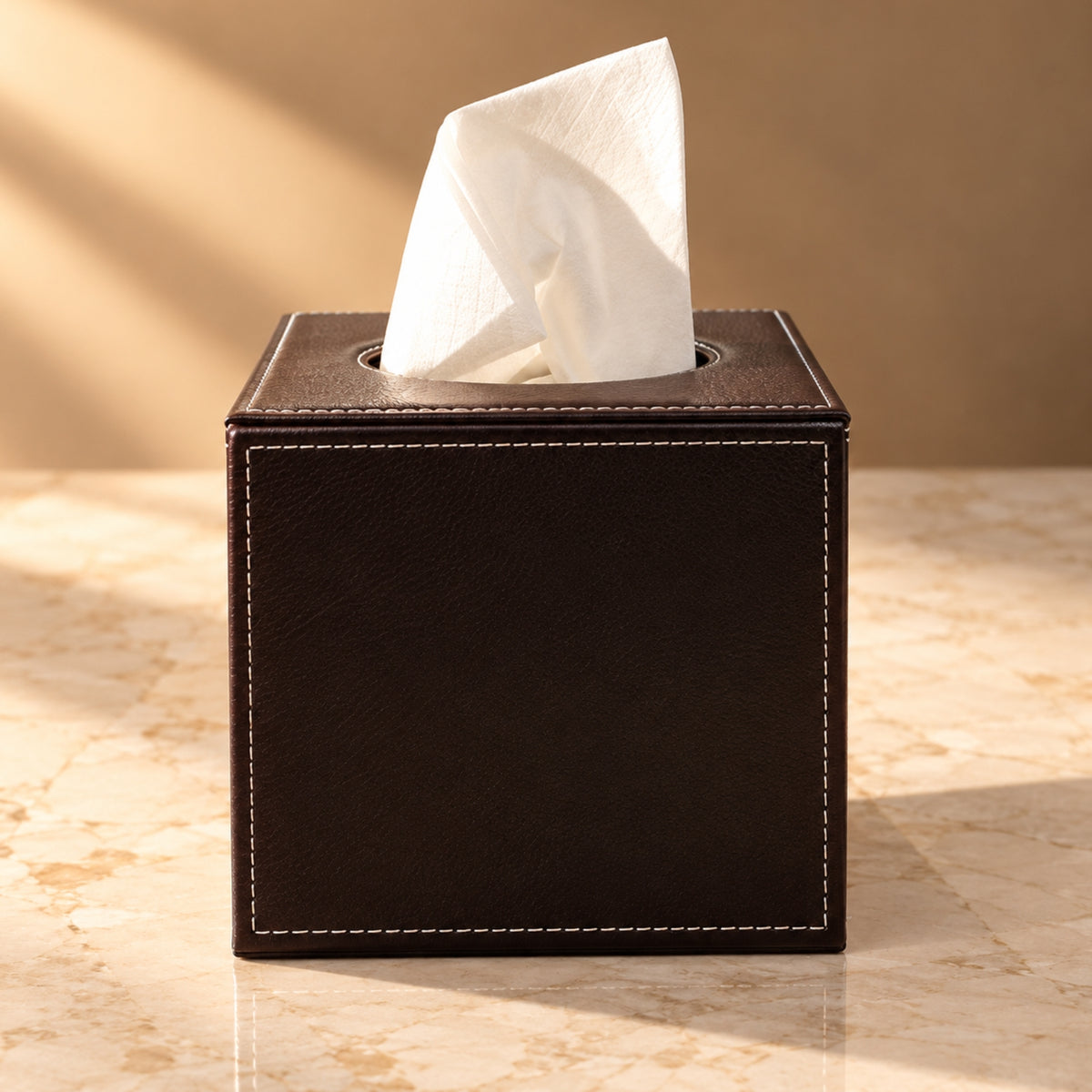 Classic Brown Leather Tissue Box with Contrast Stitching