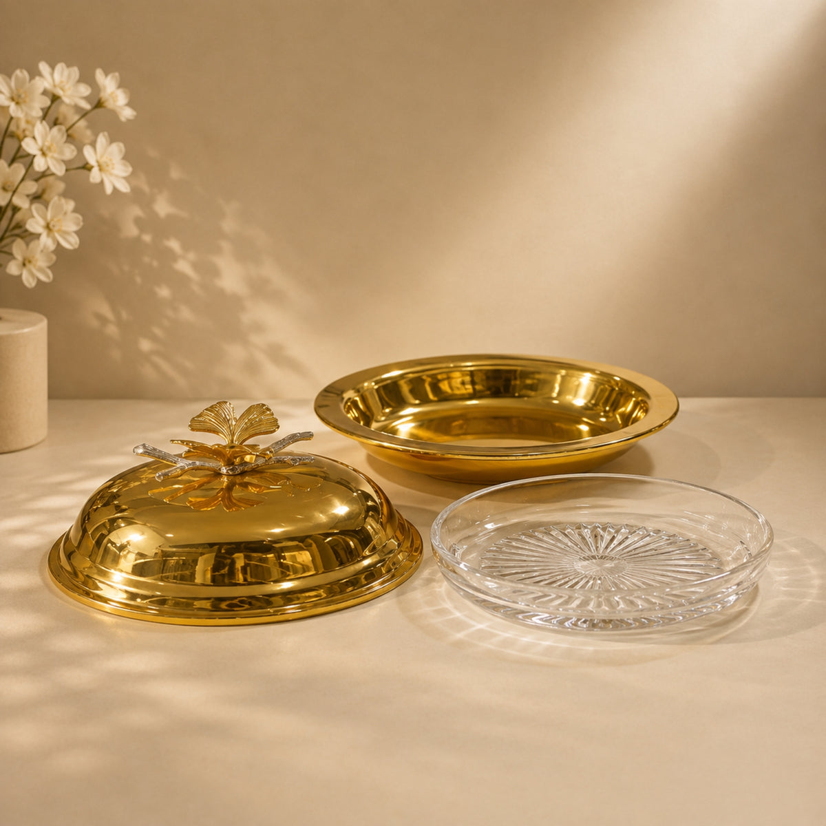 Gold Egg-Shaped Butter Dish with Decorative Iron Lid