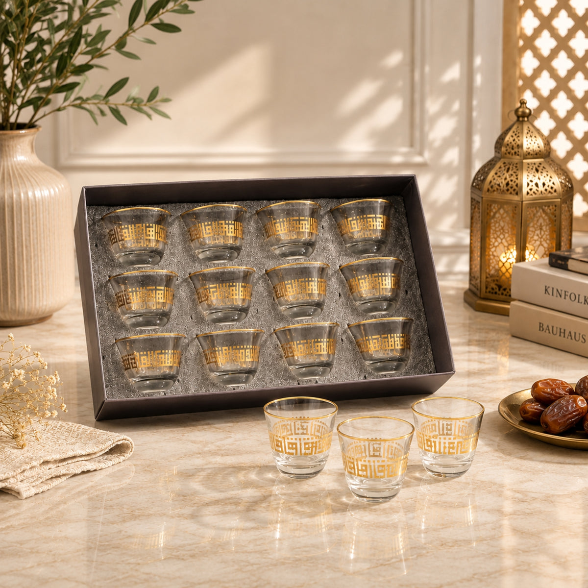 Gold Pattern Glass Cawa Cup Set 12 Pieces | CUPS327