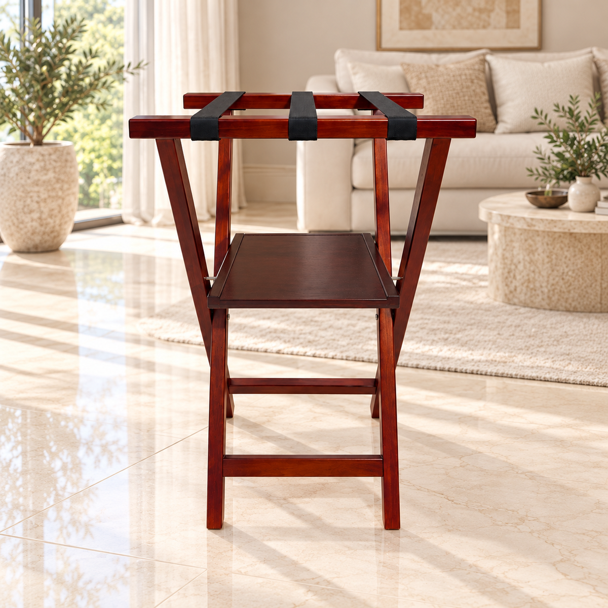 Luxury Wooden Luggage Rack with Storage Shelf – Mahogany Finish | 80cm