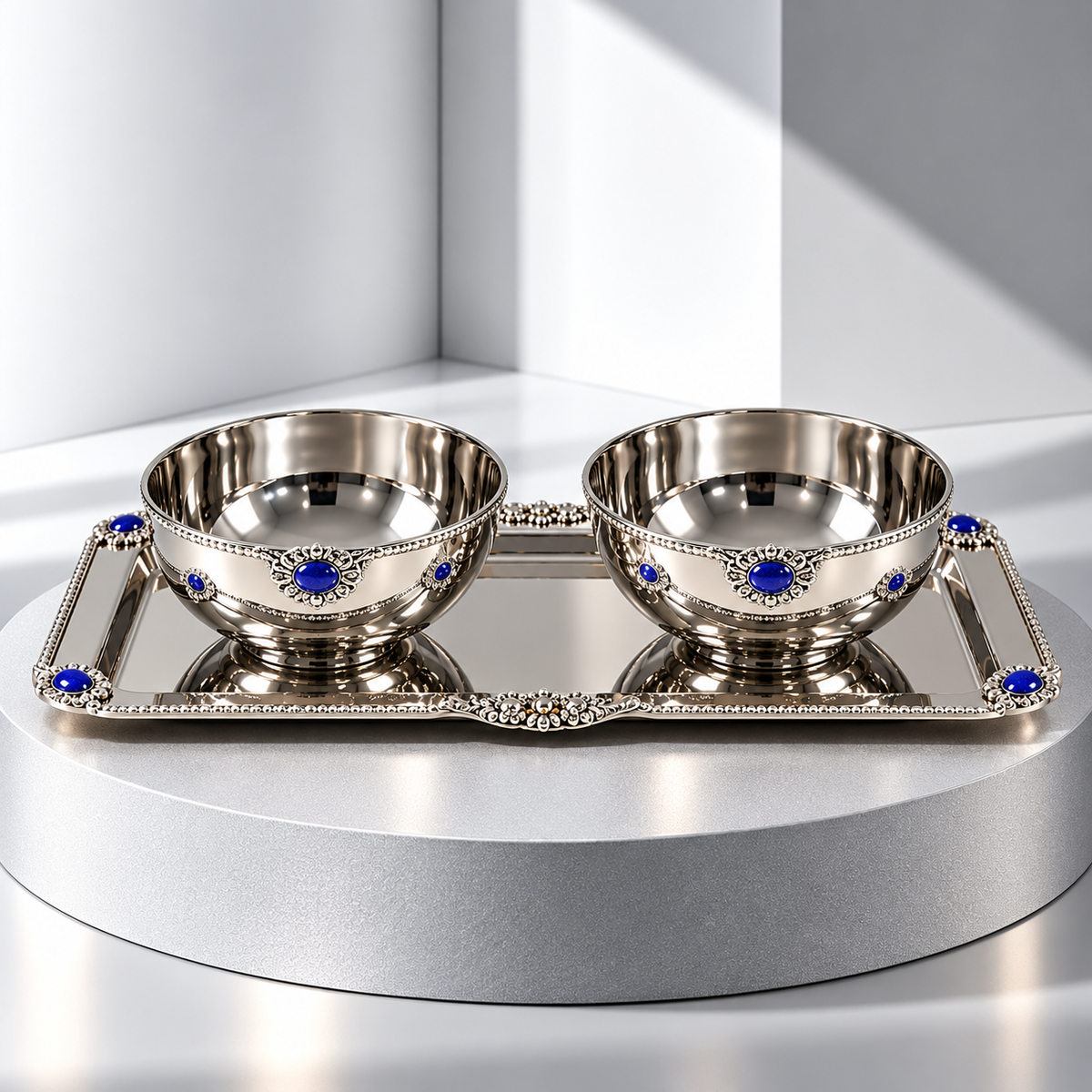 Luxury silver stainless steel serving set with two decorative bowls and rectangular tray featuring royal blue accents