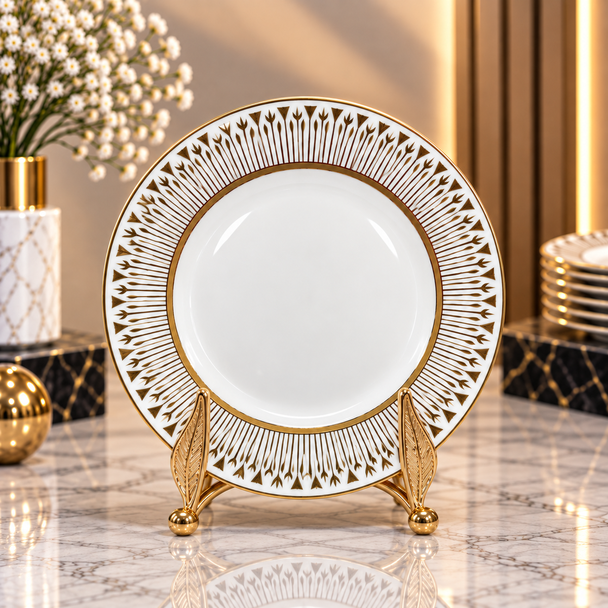 Luxury White & Gold Decorative Round Serving Plate – 15, 20 & 26 Inch