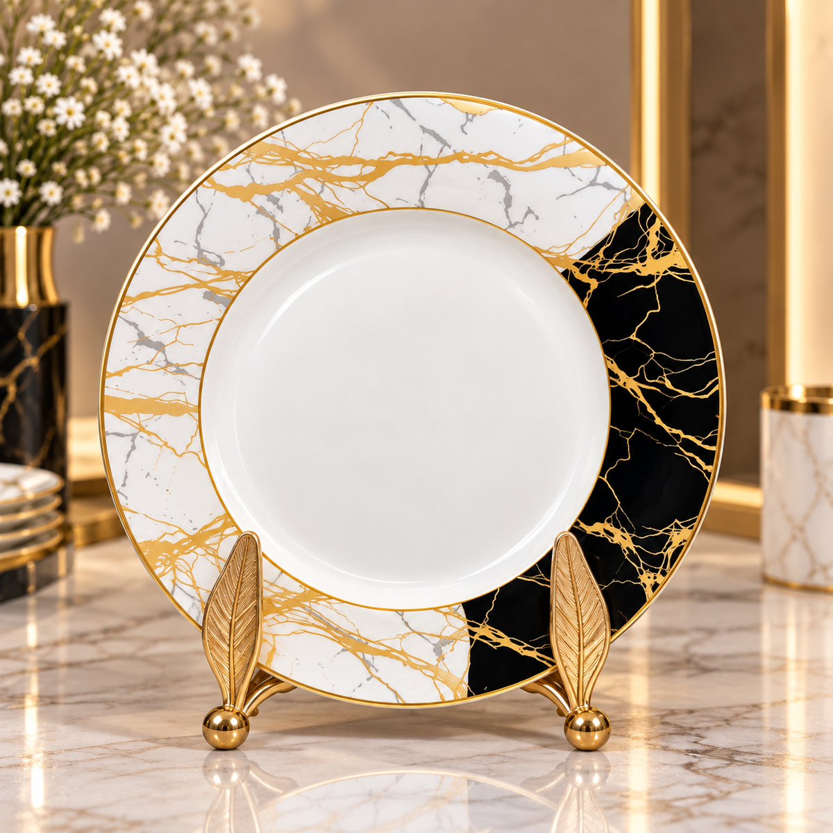 Luxury Marble Design Round Serving Plate – White, Black & Gold | 15, 20 & 26 Inch