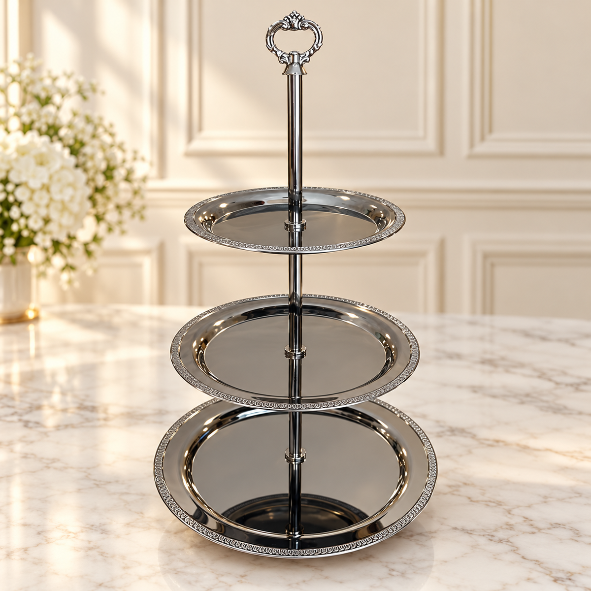 Luxury Silver 3-Tier Serving Stand – Decorative Round Tray
