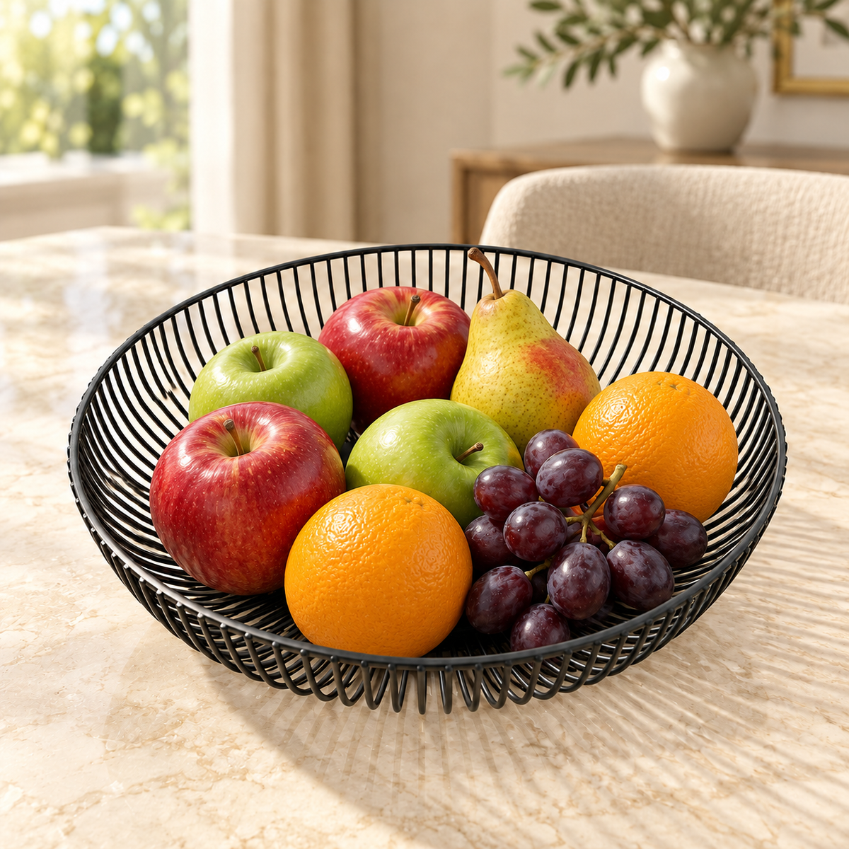 Modern Black Metal Wire Fruit Basket | Elegant Round Fruit Bowl