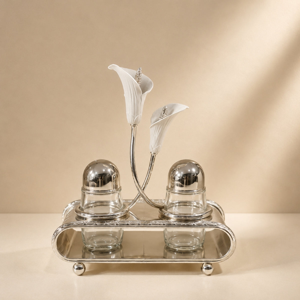Silver Ring Light Flat Iron 2-Position Condiment Set with Calla Lily Detail