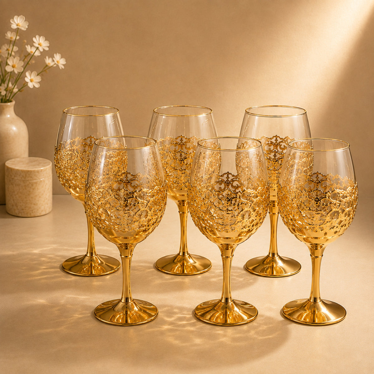 6-Piece Gold Ornate Goblet Glass Set