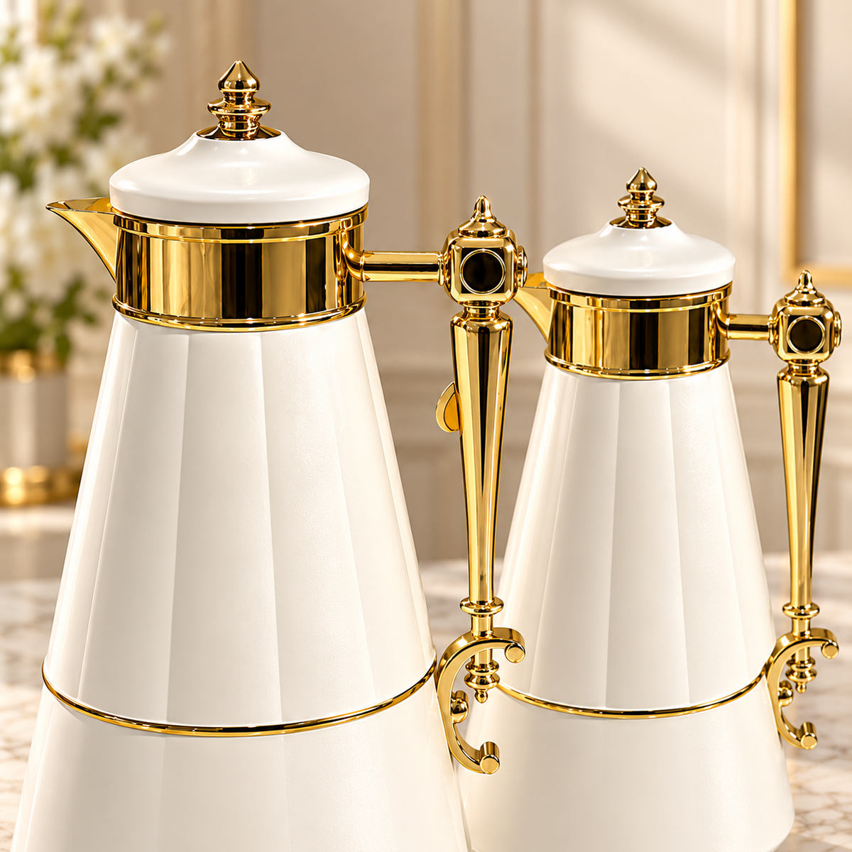 Najib luxury ivory and gold vacuum flask set 2 pieces 1L and 0.7L with elegant tapered white bodies, ornate gold handles, decorative lids and gold pouring spouts for Arabic coffee and tea serving