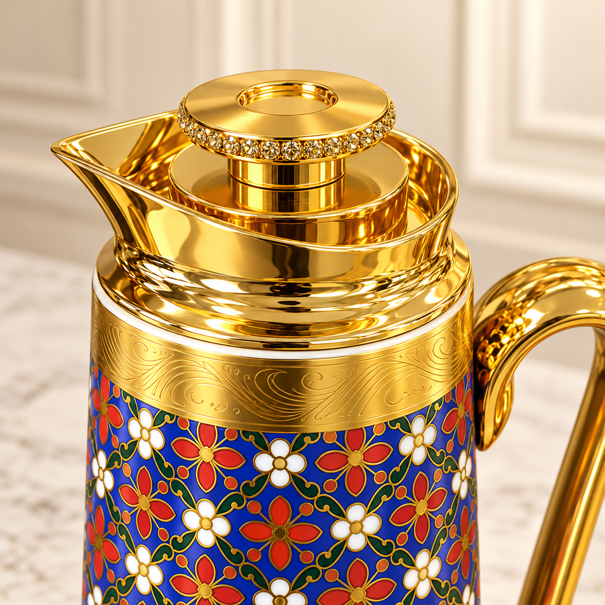 Luxury Blue Floral Gold Vacuum Flask – EV0211 | Premium Arabic Coffee & Tea Dallah