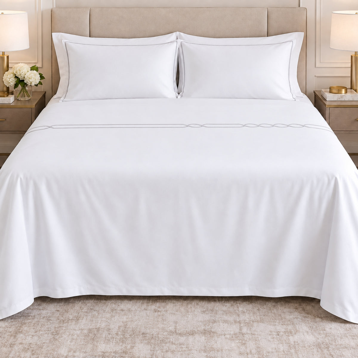 Premium King Size 4-Piece White Bedding Set with Grey Embroidery – 220 × 240 cm