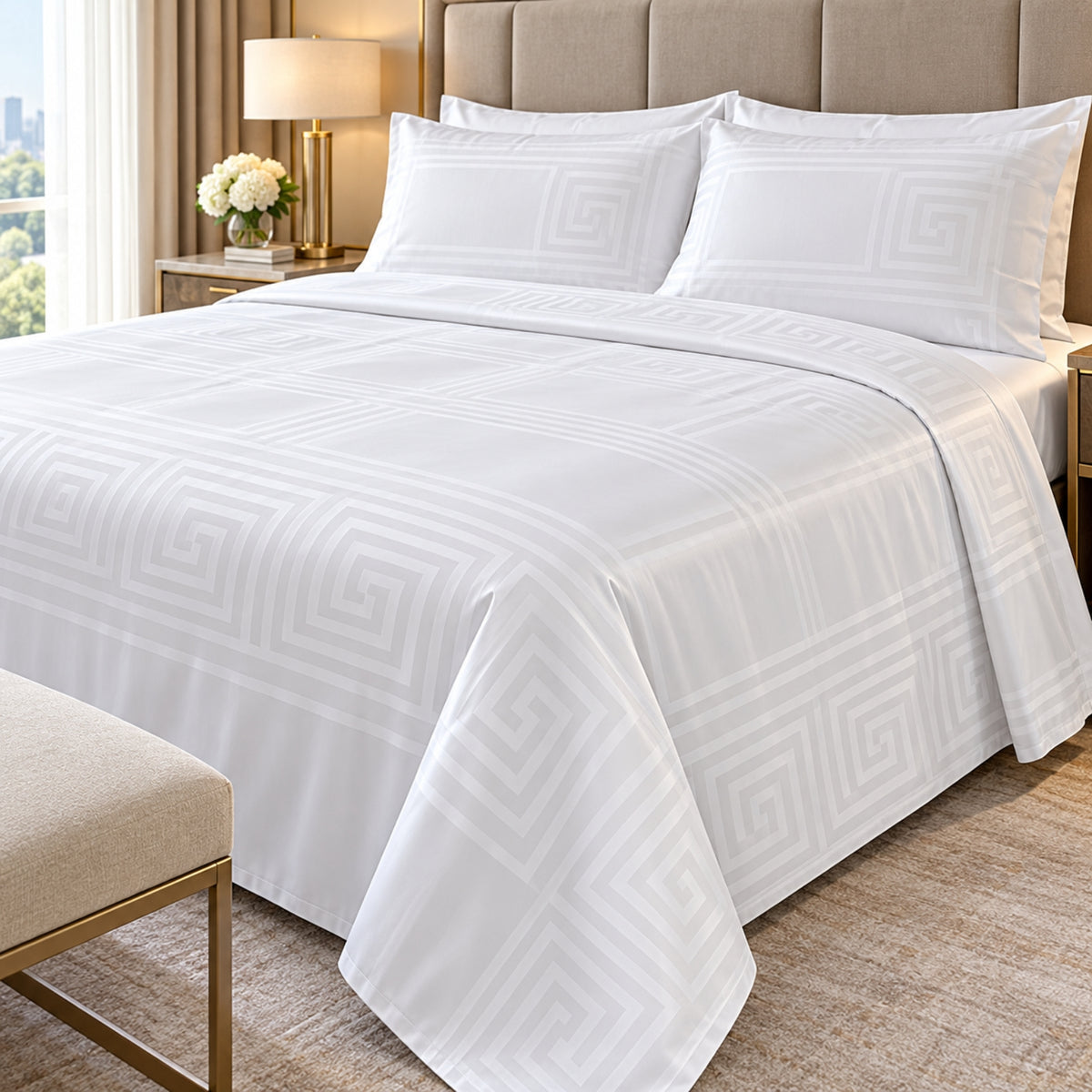 Premium King Size 4-Piece Geometric White Bedding Set – 220 × 240 cm