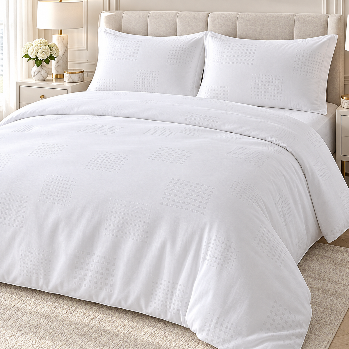Premium White Square Pattern Linen King Size 4-Piece Bedding Set – 220 × 240 cm