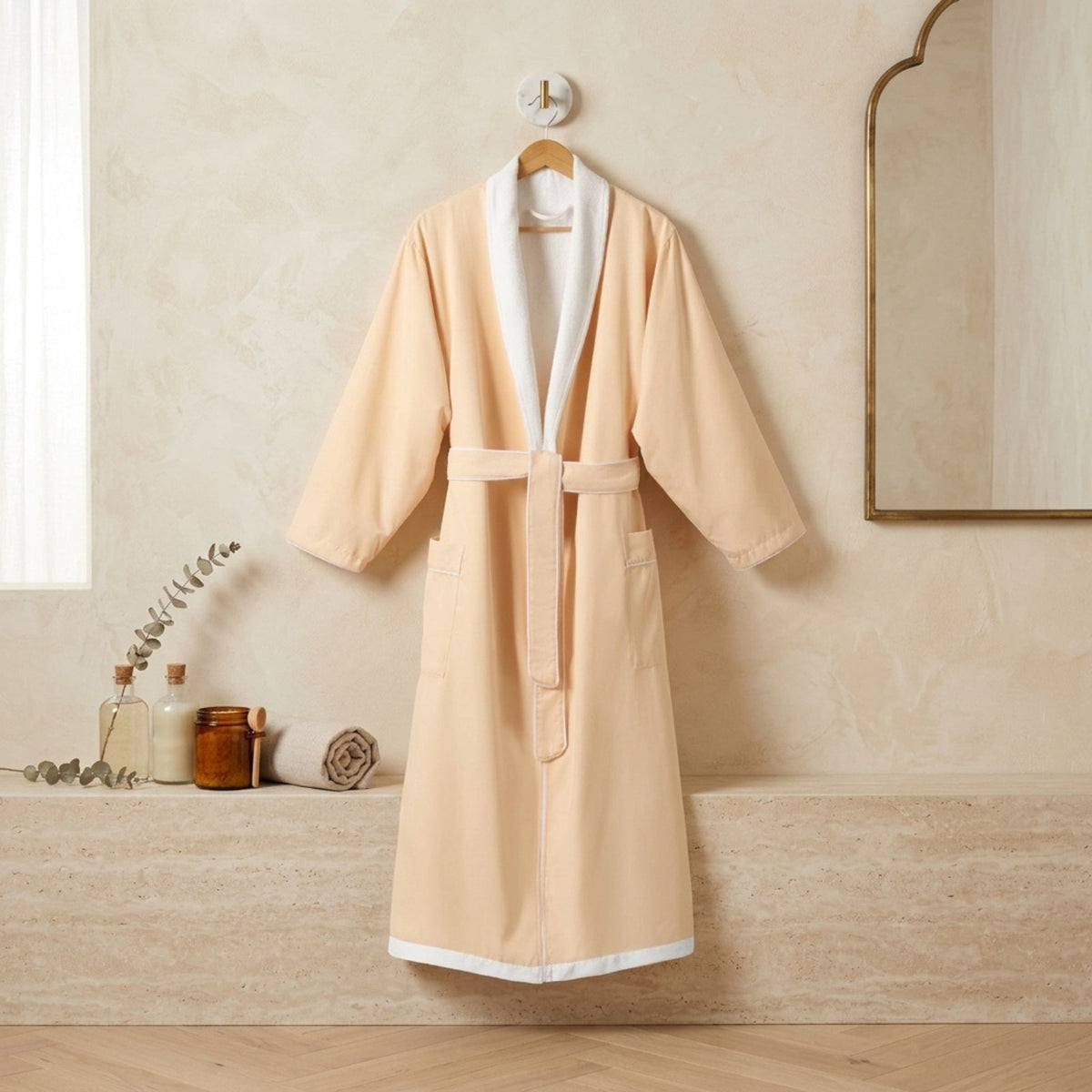 Champagne Shawl Collar Bathrobe with Piping – Luxury Double-Layer Polyester Bathrobe