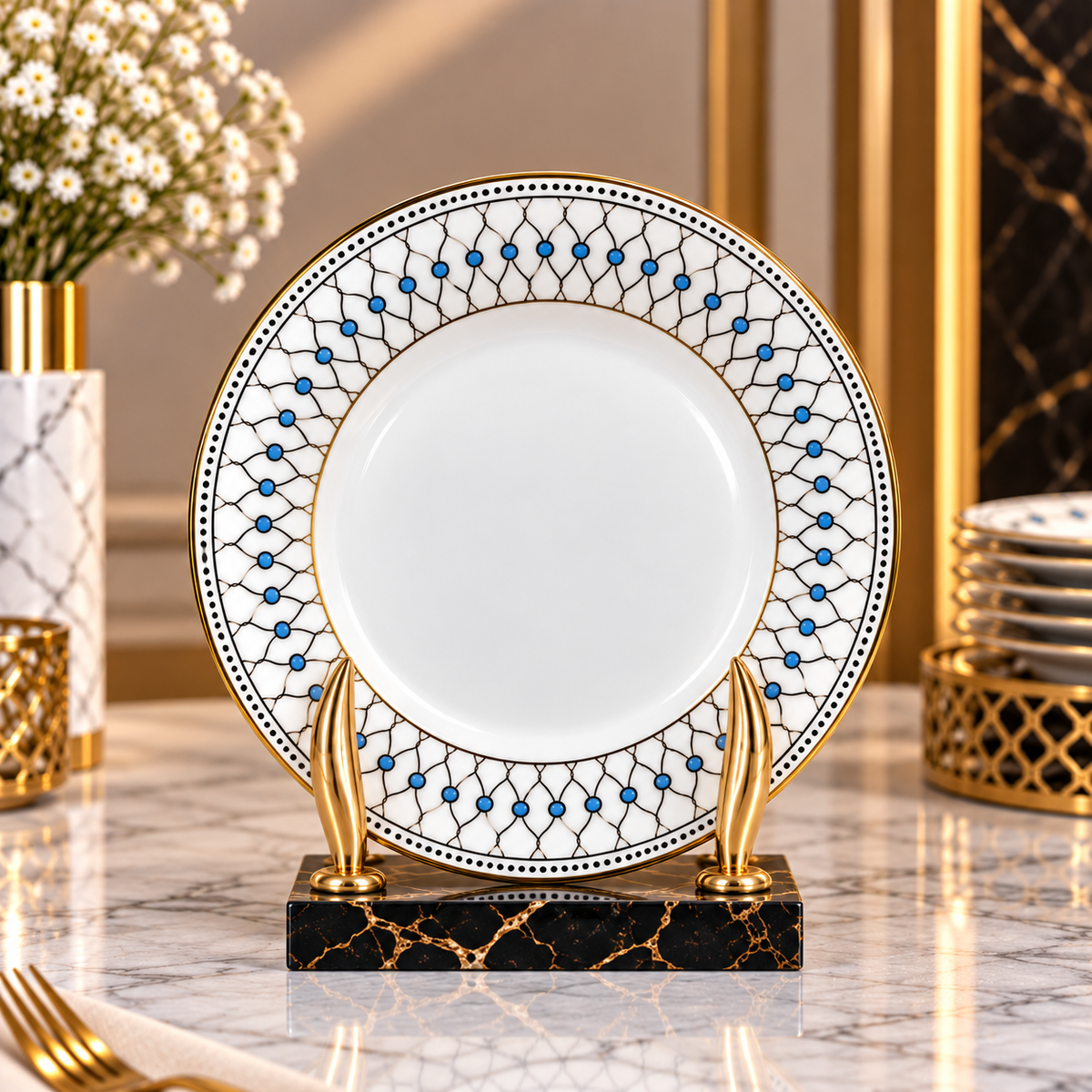 Luxury Decorative Dinner Plates – White, Blue & Gold | 15", 20" & 26"