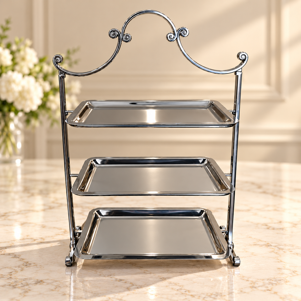 Luxury Silver 3-Tier Rectangular Serving Tray Stand