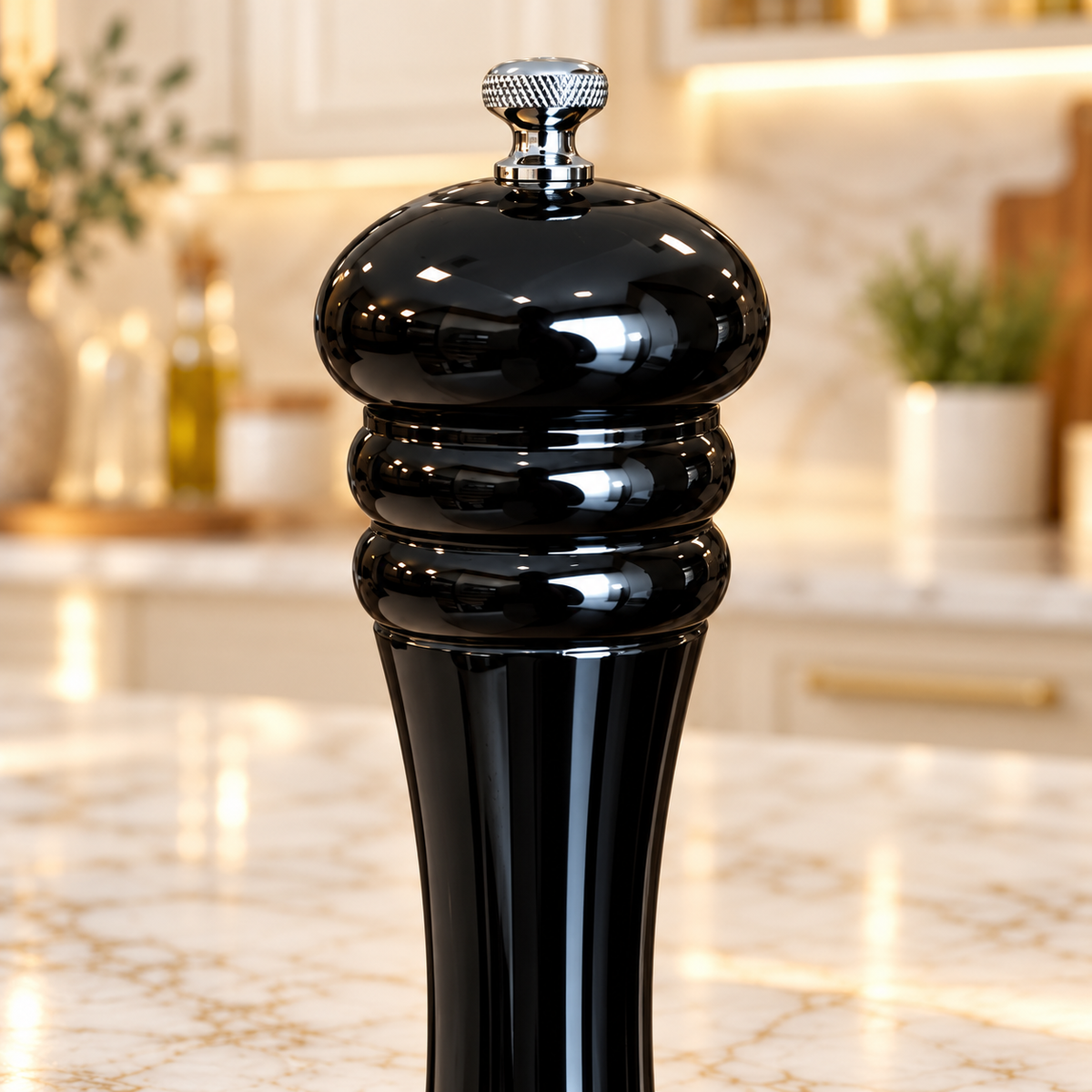 Classic glossy black manual pepper grinder with elegant curved design and silver-tone adjustment knob, ideal for kitchen and dining