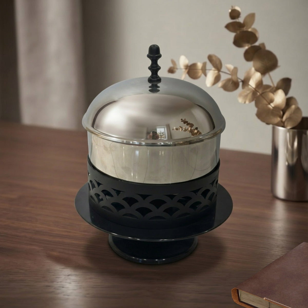 Silver & Matte Black Round Buffet Serving Dish