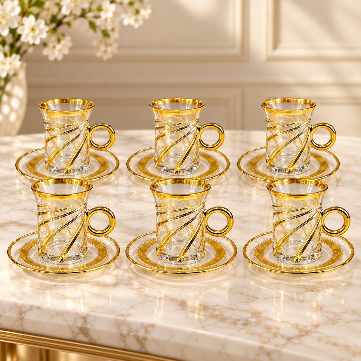 Luxury Gold Floral Glass Tea Cup & Saucer Set – 12 Pieces (6 Cups + 6 Saucers)
