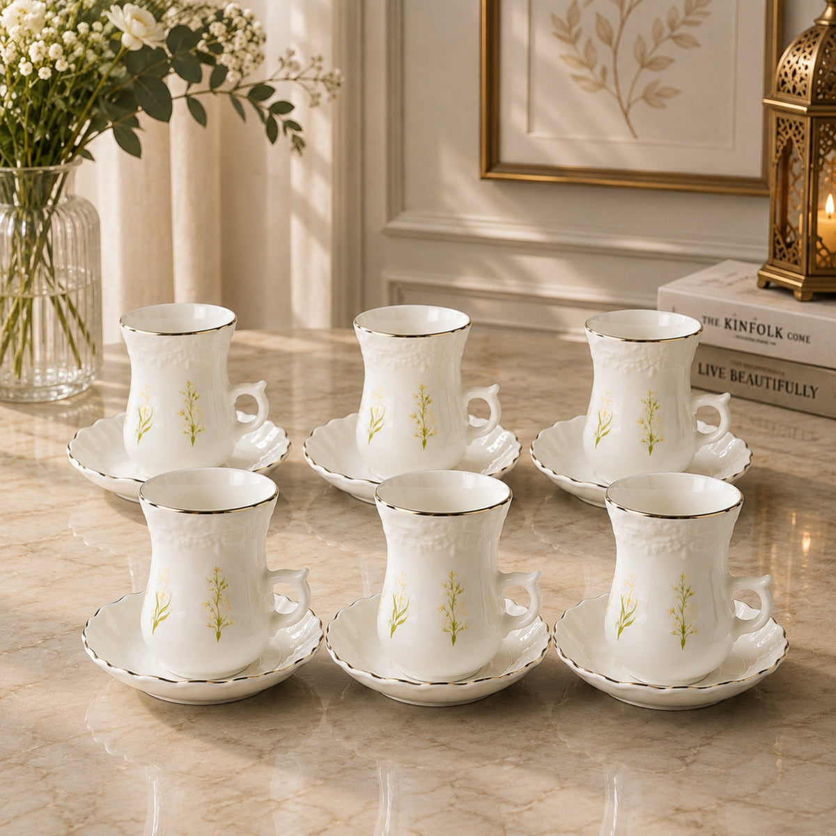 White Botanical Coffee Cup & Saucer Set 12 Pieces