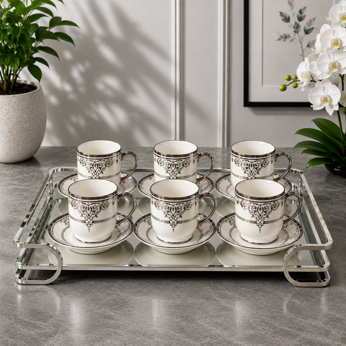 White & Silver Ornamental Tea Cup & Saucer Set 12 Pieces | PR218