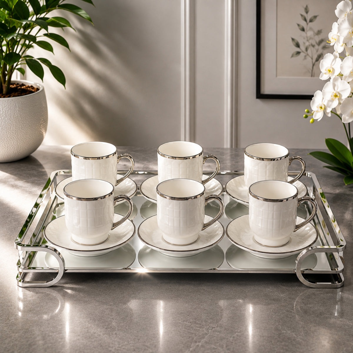 White & Silver Tea Cup & Saucer Set 12 Pieces