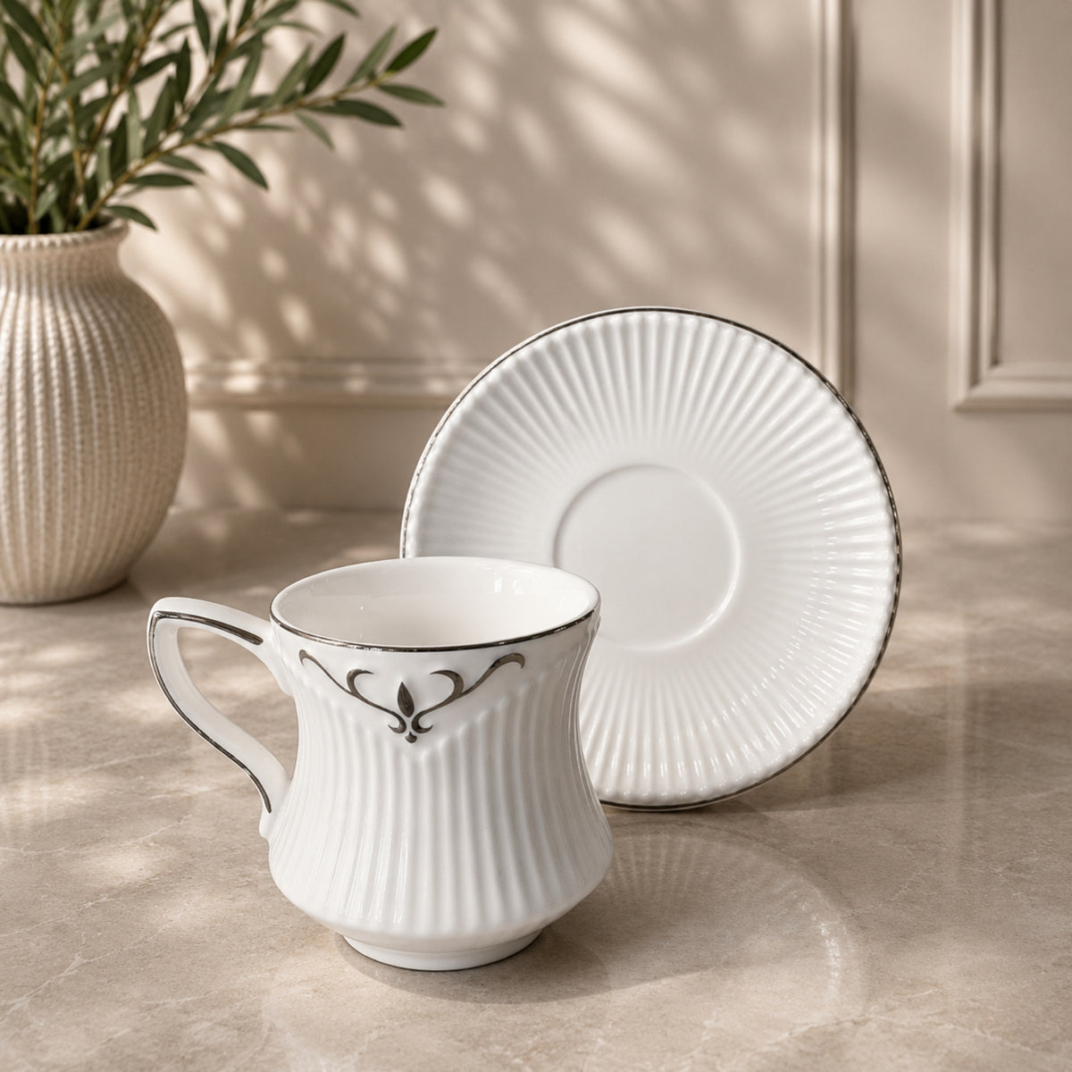 White & Silver Tea Cup & Saucer Set – 12 Pieces
