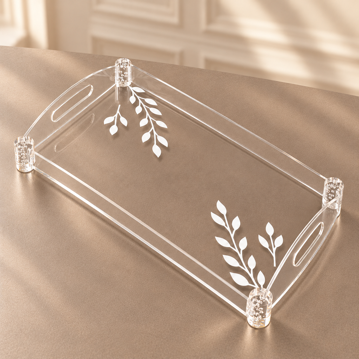 Luxury Clear Acrylic Rectangular Serving Tray with White Leaf Design – Small 44 × 30 cm