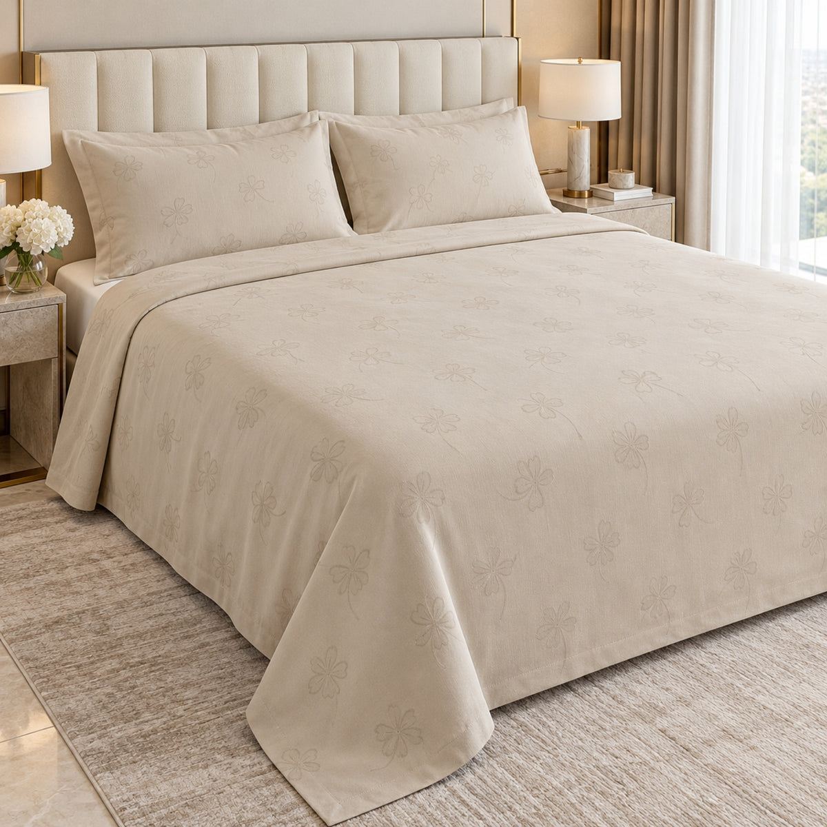Beige Floral Design Linen King Size 4-Piece Bedding Set