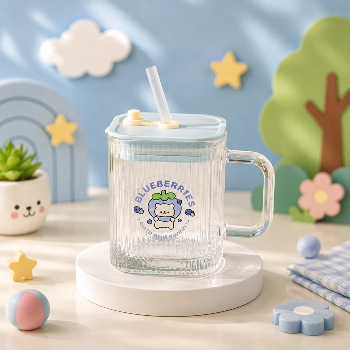 Cute Square Straw Glass Cup with Handle & Lid – Single Piece | 3 Colors