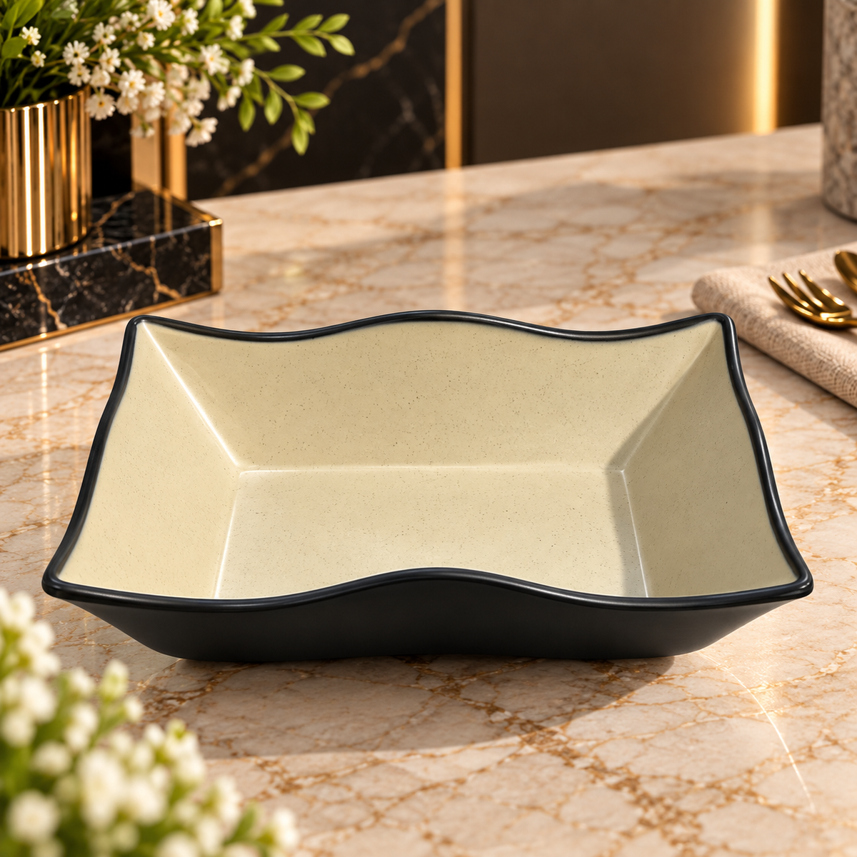 Melamine Square Candy & Snack Plate – 10 × 8.5 Inch | Black & Beige