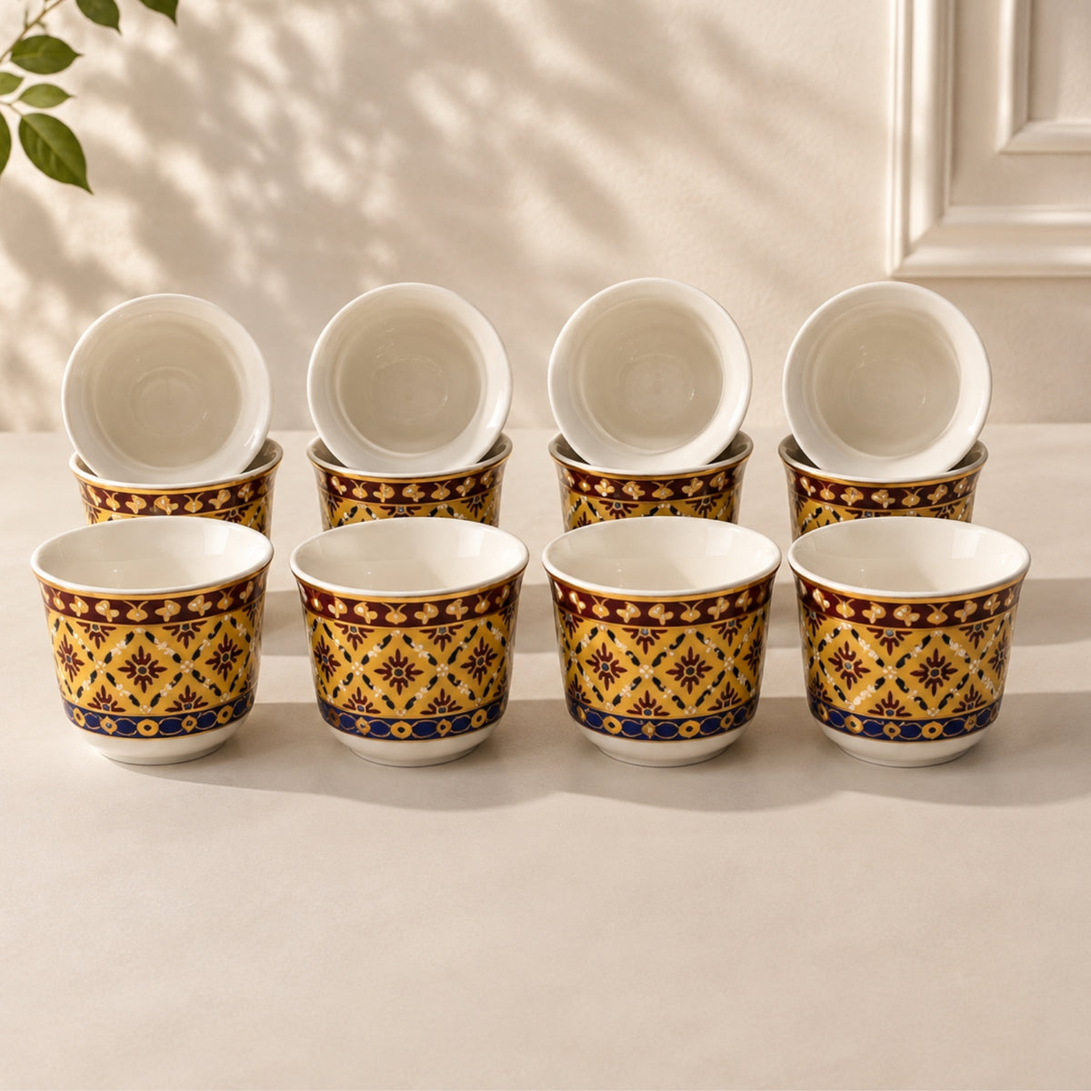 12 piece mustard yellow brown and blue traditional cawa cup set for Arabic coffee and qahwa