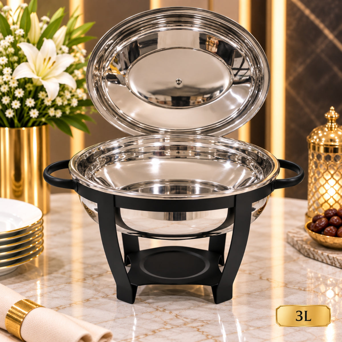 3L Silver & Black Round Stainless Steel Chafing Dish with Lid – Buffet Food Warmer