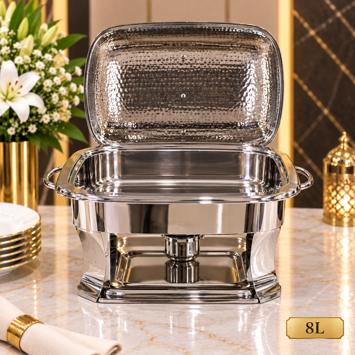 8L Silver Stainless Steel Chafing Dish with Hammered Lid – Rectangular Buffet Food Warmer