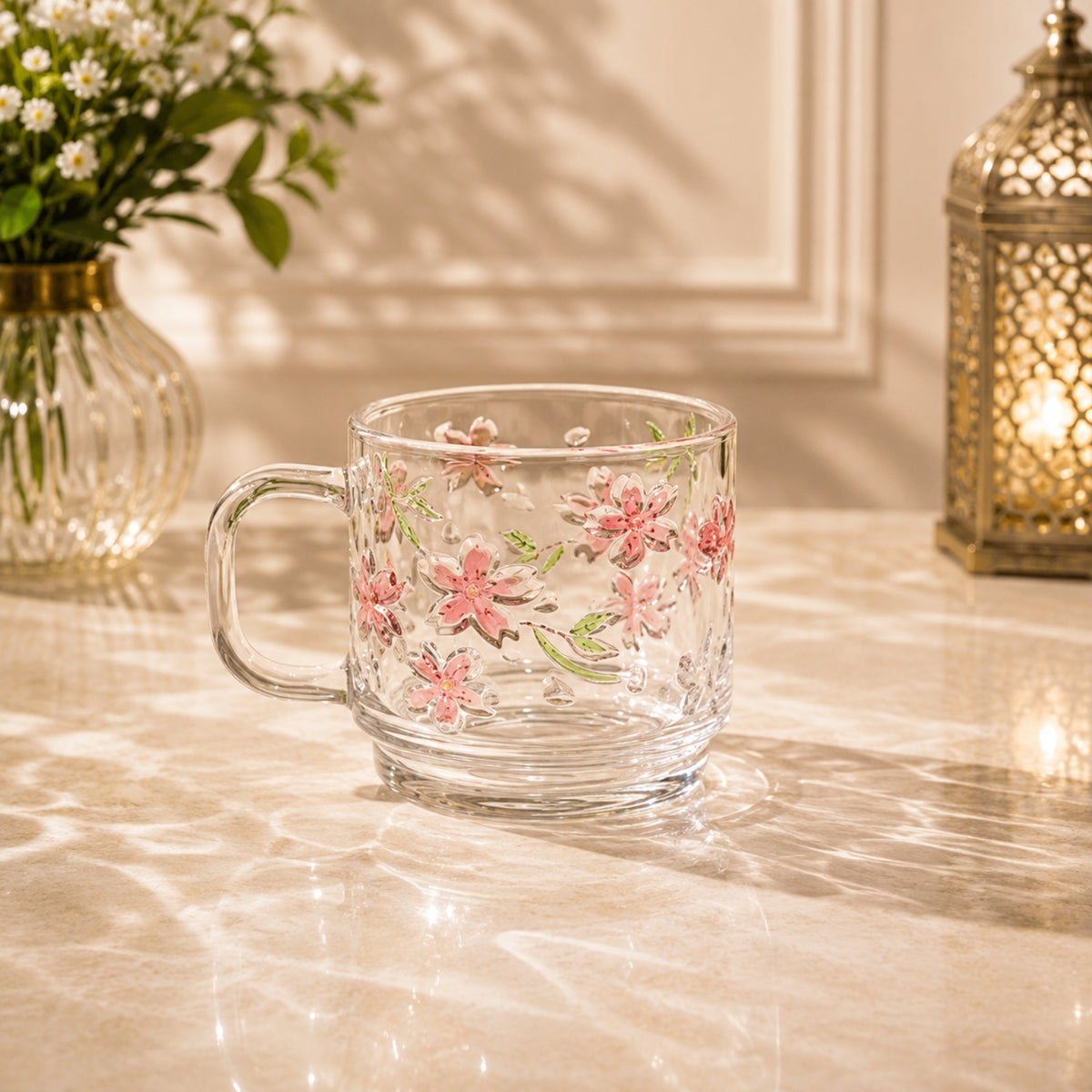 Cherry Blossom Embossed Glass Cup with Handle – Single Piece