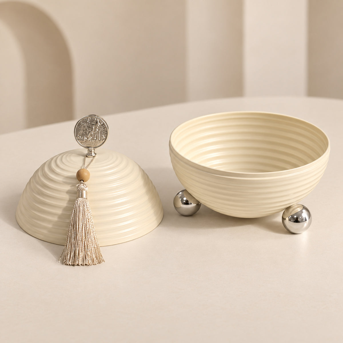 Luxury Large Ivory Ribbed Dates Bowl with Lid, Silver Accents & Tassel